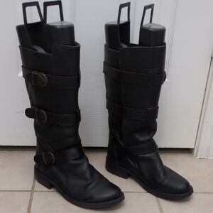 Vintage Steve Madden Buck Black Leather Buckle Moto Boots, Round Toe, Low Heel